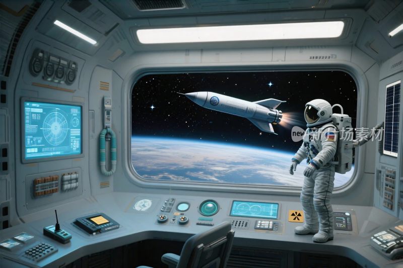 太空舱内宇航员与火箭场景