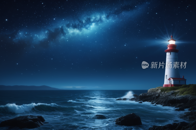 星空夜空有灯塔和明亮的光线高清图片