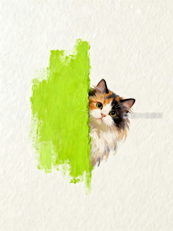 绿色墙后探出头的小猫咪