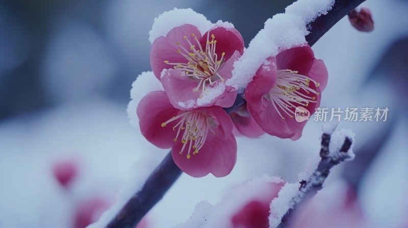 冬天树枝花朵冬季雪景飘雪寒梅