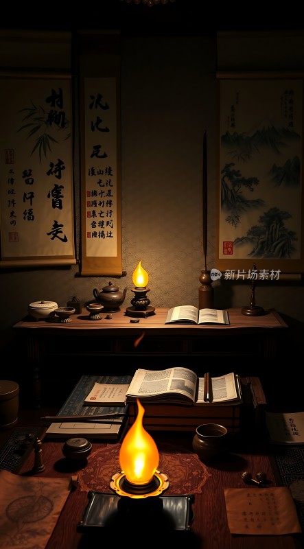 古风书房静谧雅致书卷与茶香共舞