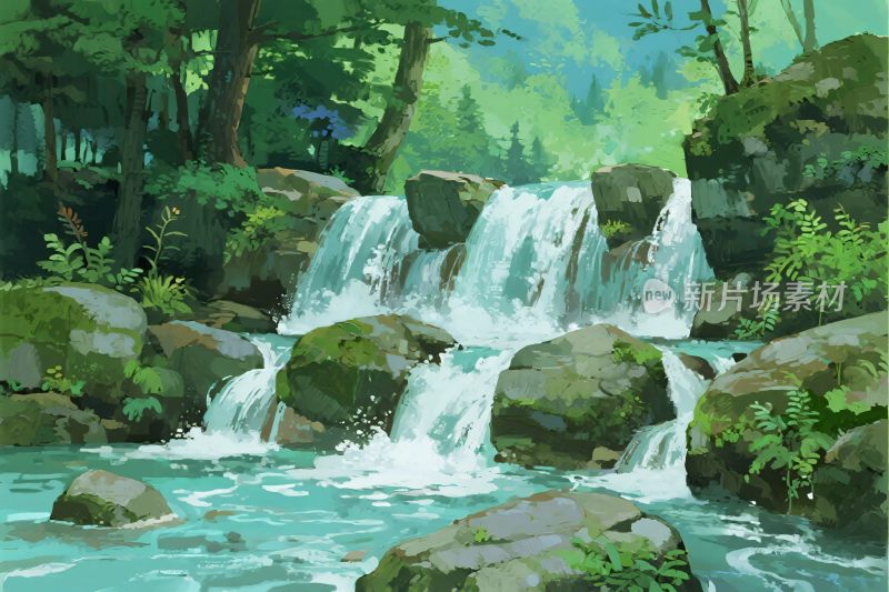 森林瀑布风景插画