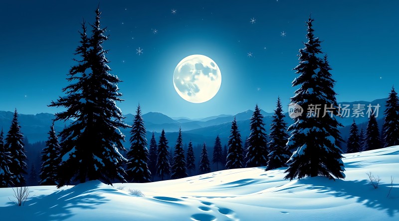 雪夜月下静谧森林