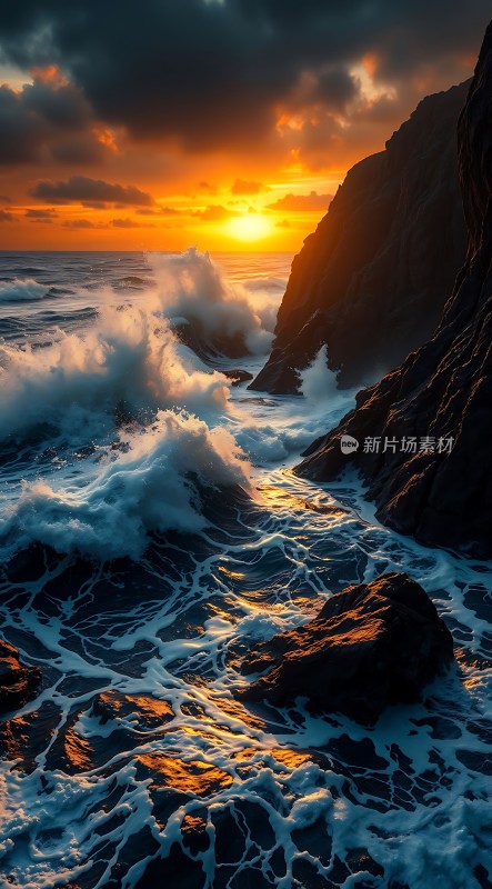 日落时分的海浪与岩石