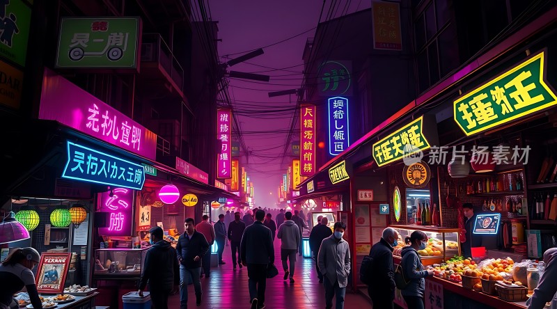 霓虹灯下的繁华夜市
