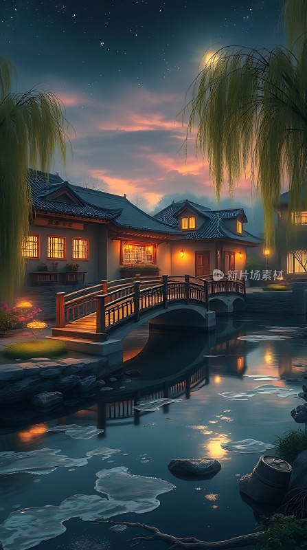 古桥夜色映水乡