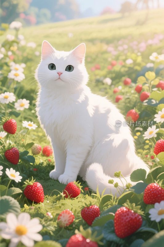 白猫草莓花丛插画