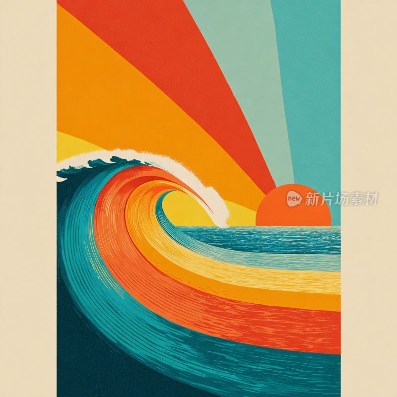 绚丽海浪与日出插画