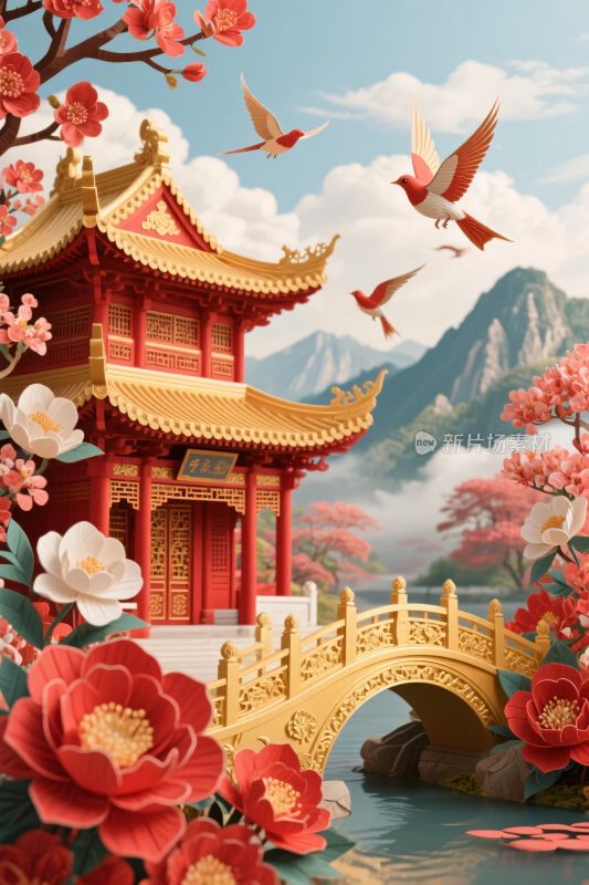 中式古风古建插画