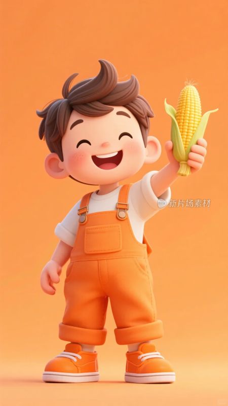 手持玉米的卡通小男孩