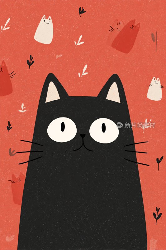 黑猫插画与可爱幽灵元素