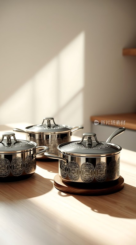 阳光下的精美锅具展示