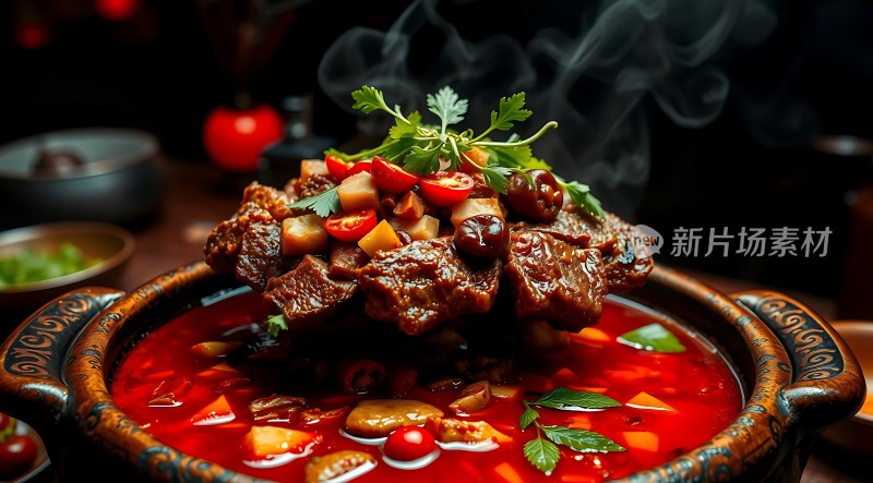 红汤美味佳肴香菜点缀诱人
