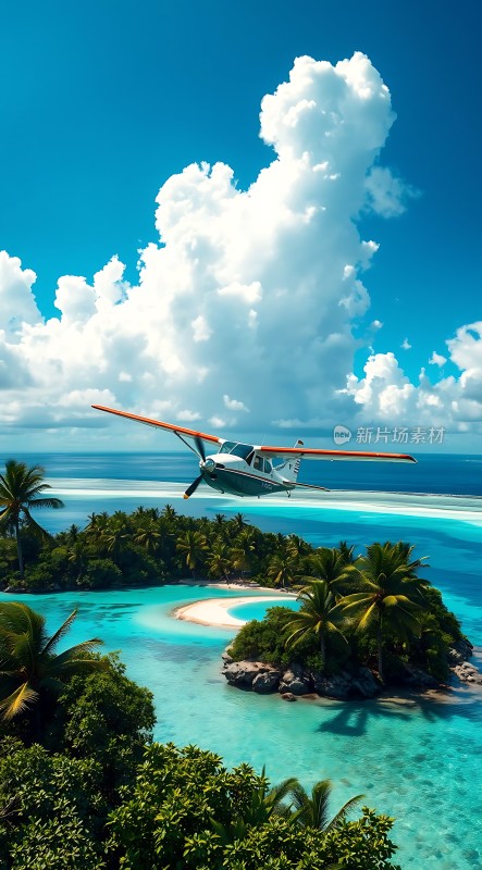 蓝天白云下的热带岛屿飞行之旅