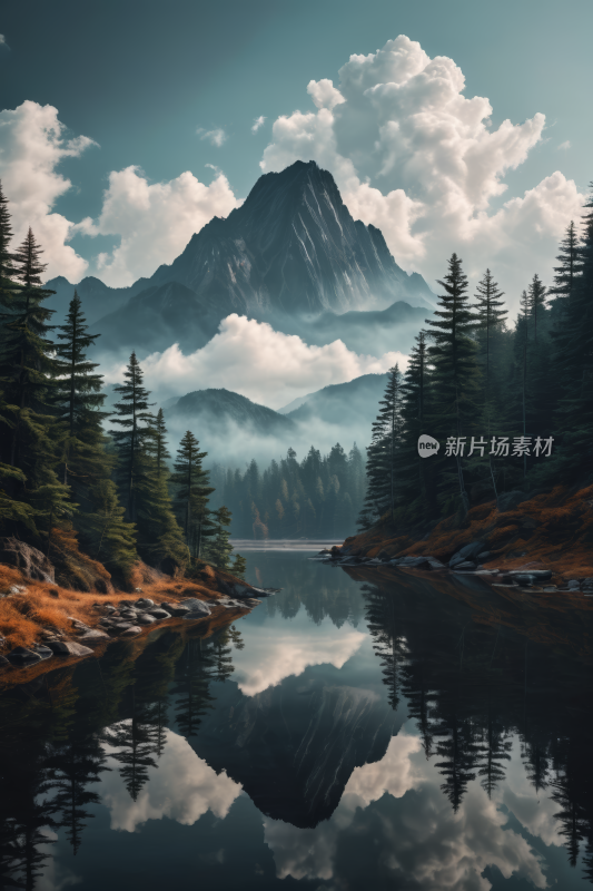 山和树倒映在前景的湖泊中高清风景插图片