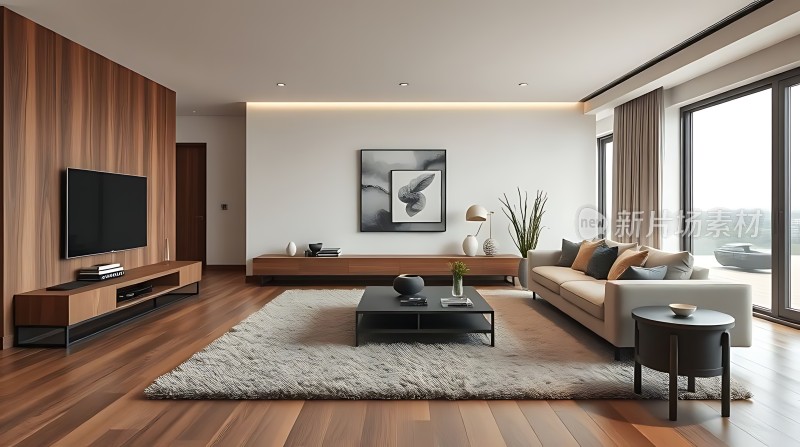 现代简约客厅木质墙面与家具舒适沙发大屏幕电视艺术装饰画