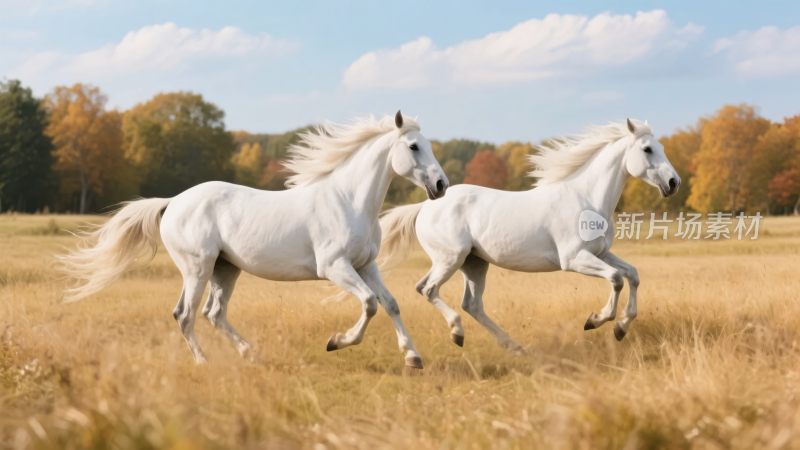 田野中两匹白马奔腾