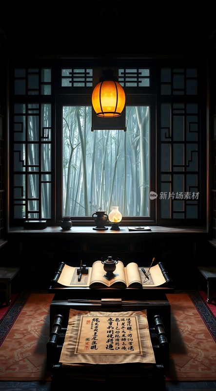 古风书房窗前竹影摇曳书桌上笔墨纸砚齐全一盏灯笼悬挂在上方营造出宁静而雅致的氛围