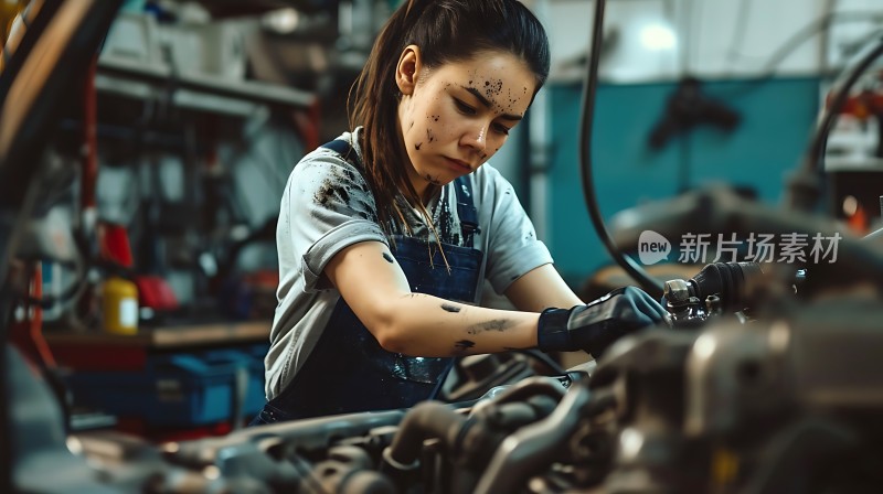 女机械师专注检修汽车引擎