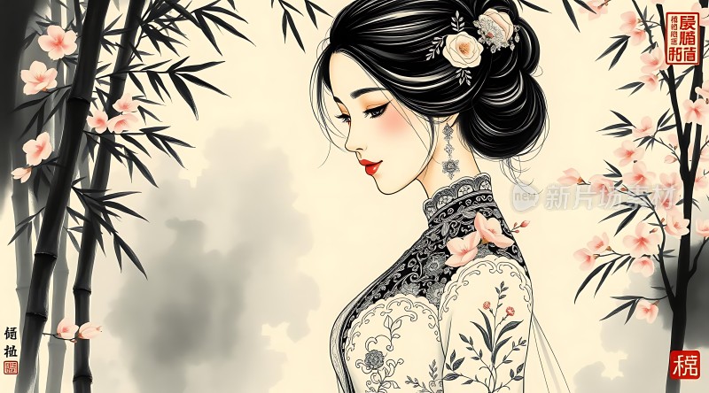 竹影花影映佳人