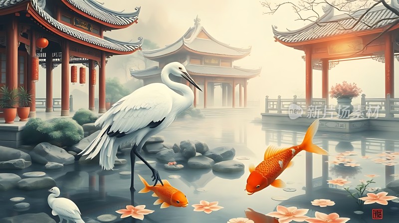 白鹤戏金鲤古亭映碧波