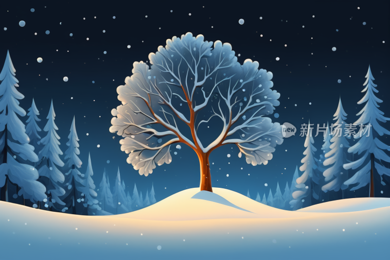 下雪的夜景树上覆盖着雪高清背景纹理图片