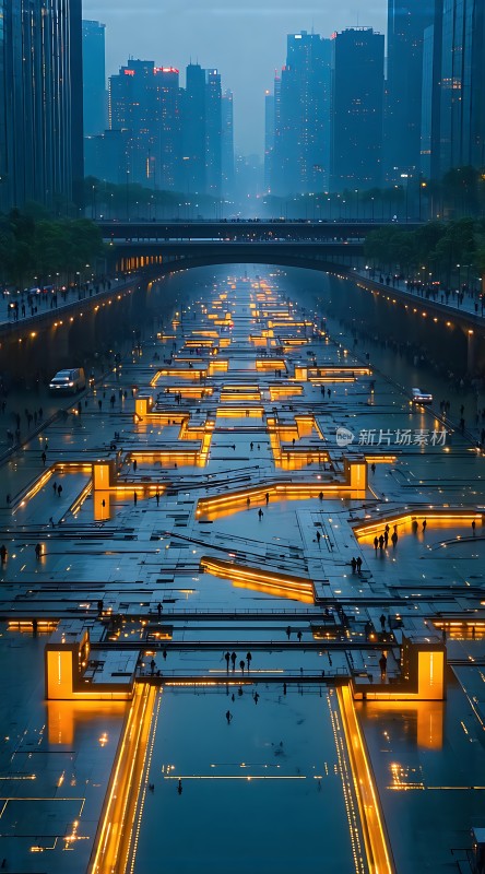 城市夜景下的现代建筑群与灯光装置艺术