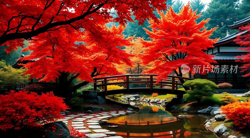 秋日红枫映小桥