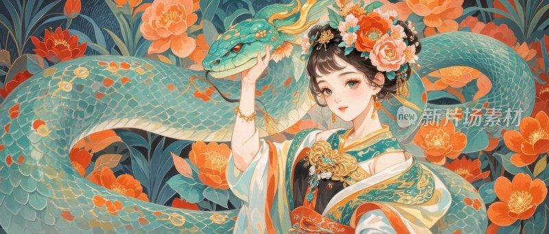 国风水墨青花古典美女花蛇神话传说插画设计