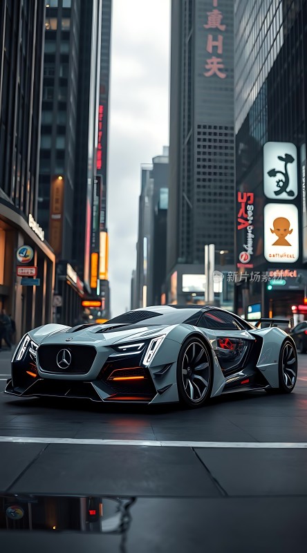 未来座驾银色跑车与繁华都市