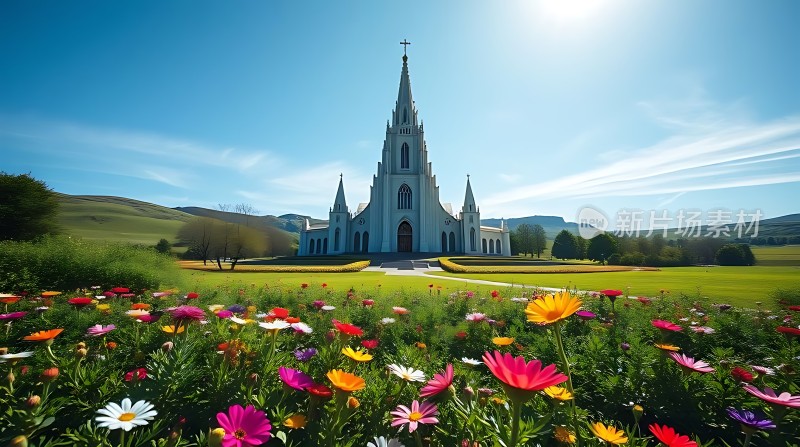 阳光下的彩色教堂花海