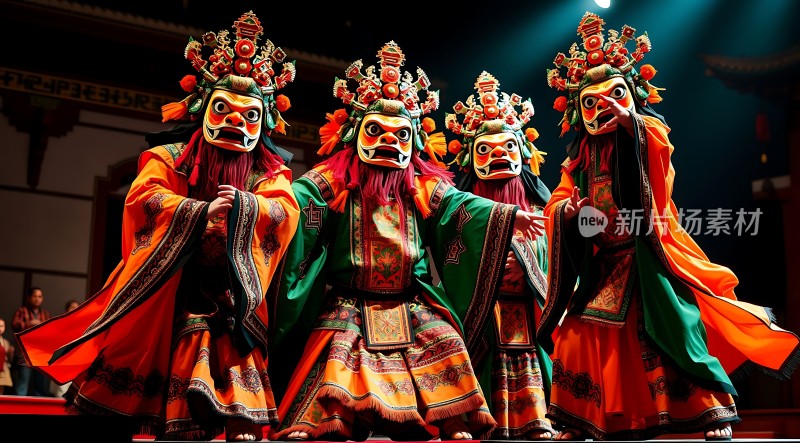 面具舞者色彩斑斓的服饰与神秘的面具