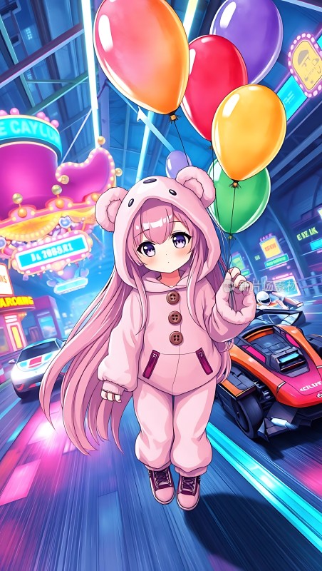 霓虹灯下粉色少女与彩色气球