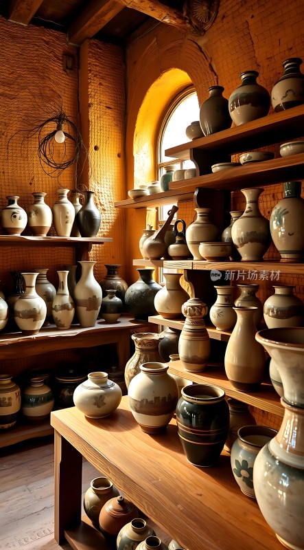 陶艺工坊古朴器皿与自然光线的和谐之美