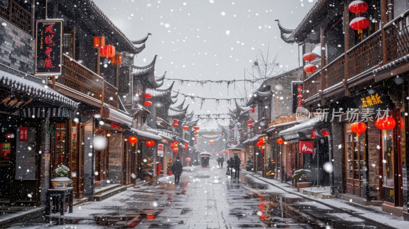 冬天中国塔楼古镇下雪古风雪景