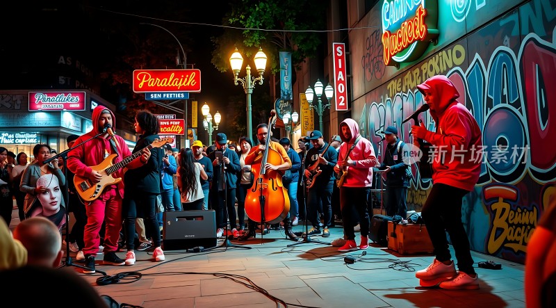 街头乐队激情演出观众热情围观