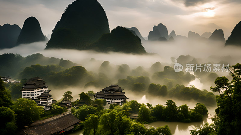 桂林山水照片山峰云海群山云雾缭绕自然风景