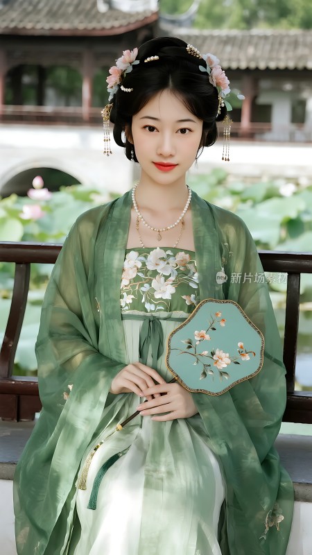 汉服佳人绿裙粉花古典优雅