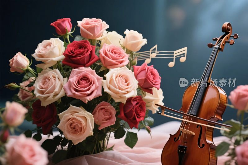 玫瑰与小提琴的艺术画面
