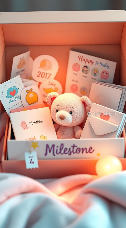 里程碑纪念盒粉色泰迪熊与可爱卡片
