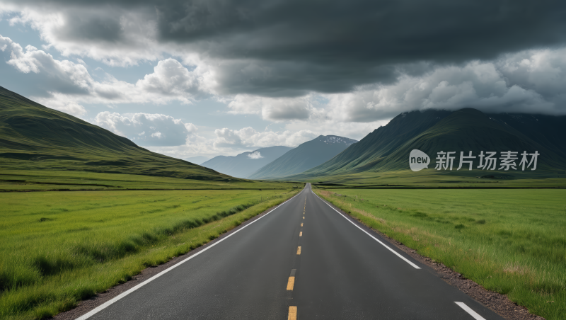 一条黄线穿过绿地的道路被夷为平地高清图片