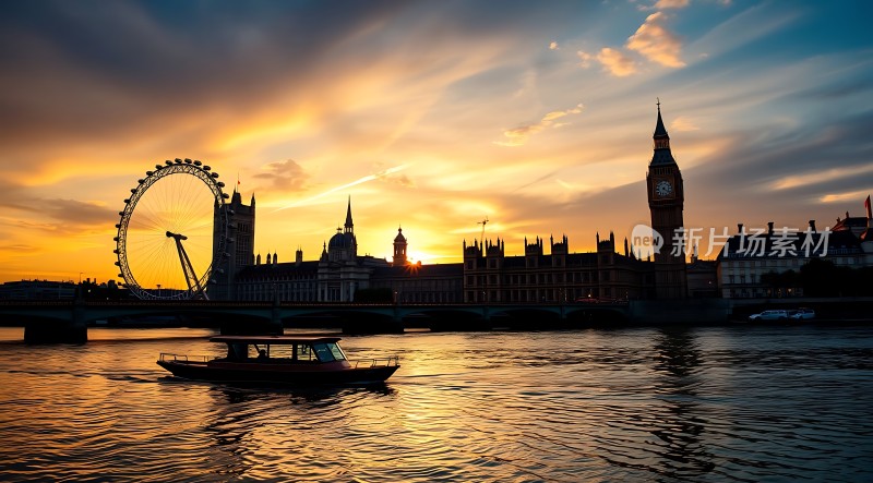 伦敦日落美景泰晤士河畔风光