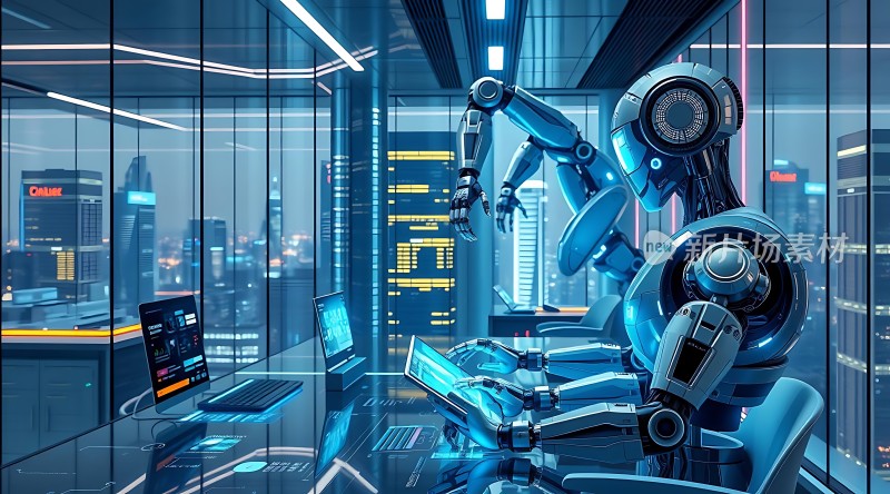 智能机器人操作电脑未来科技感十足