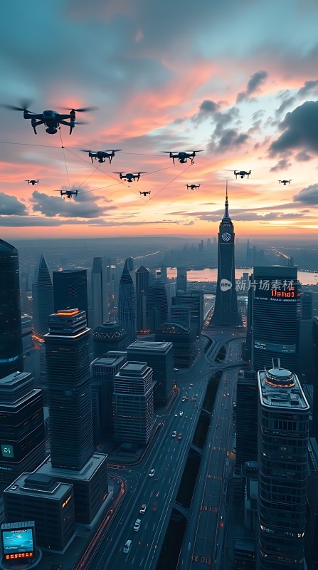 未来之城无人机与摩天大楼共舞