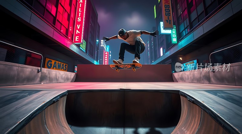 滑板少年飞跃夜色霓虹