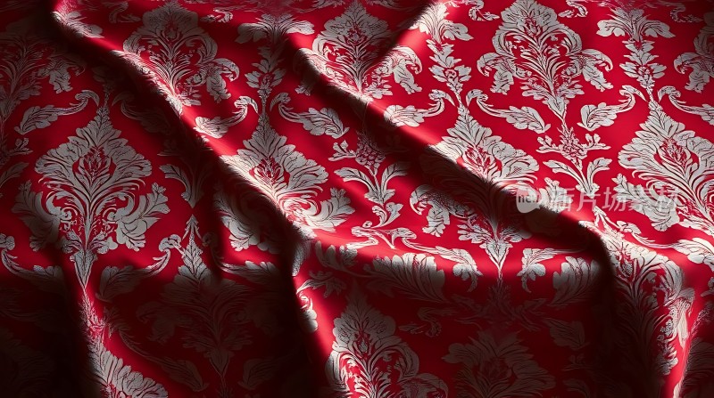 红色花纹布料展示