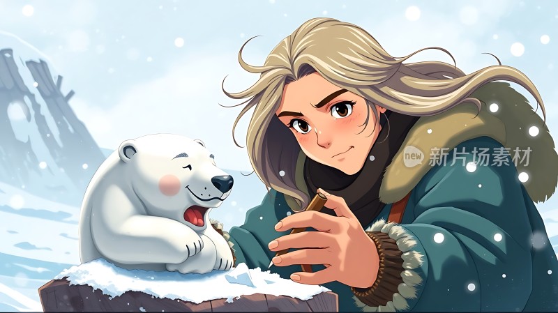 雪原上的守护者与北极熊的温馨互动