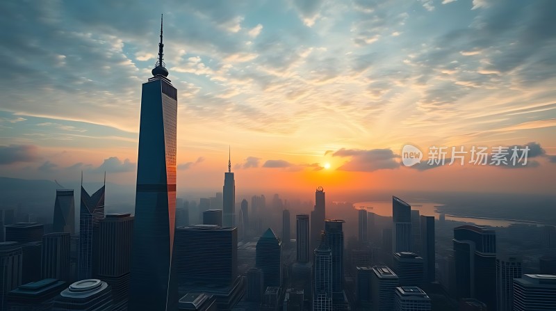 城市日出摩天大楼与晨光共舞