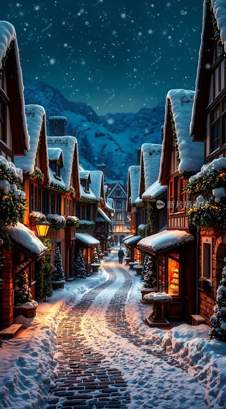 雪夜小镇温馨宁静