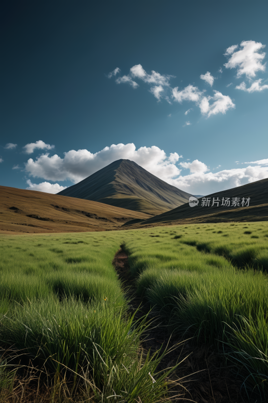 草地一条小路通向的一座高山清风景图片